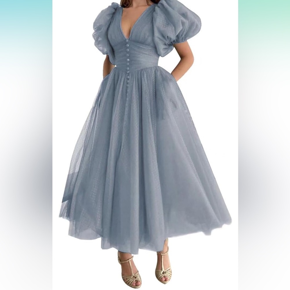 Dusty Blue Puff Sleeve Formal Dress Women Dotted Tulle V Neck Formal Tea Length